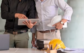 two businessmen discussing roof plans