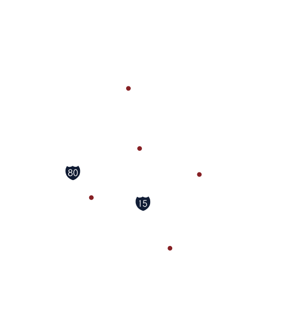 utah-service-area-map Map showing American Roofing Company service areas around Ogden, Salt Lake City, Park City, Tooele, and Provo